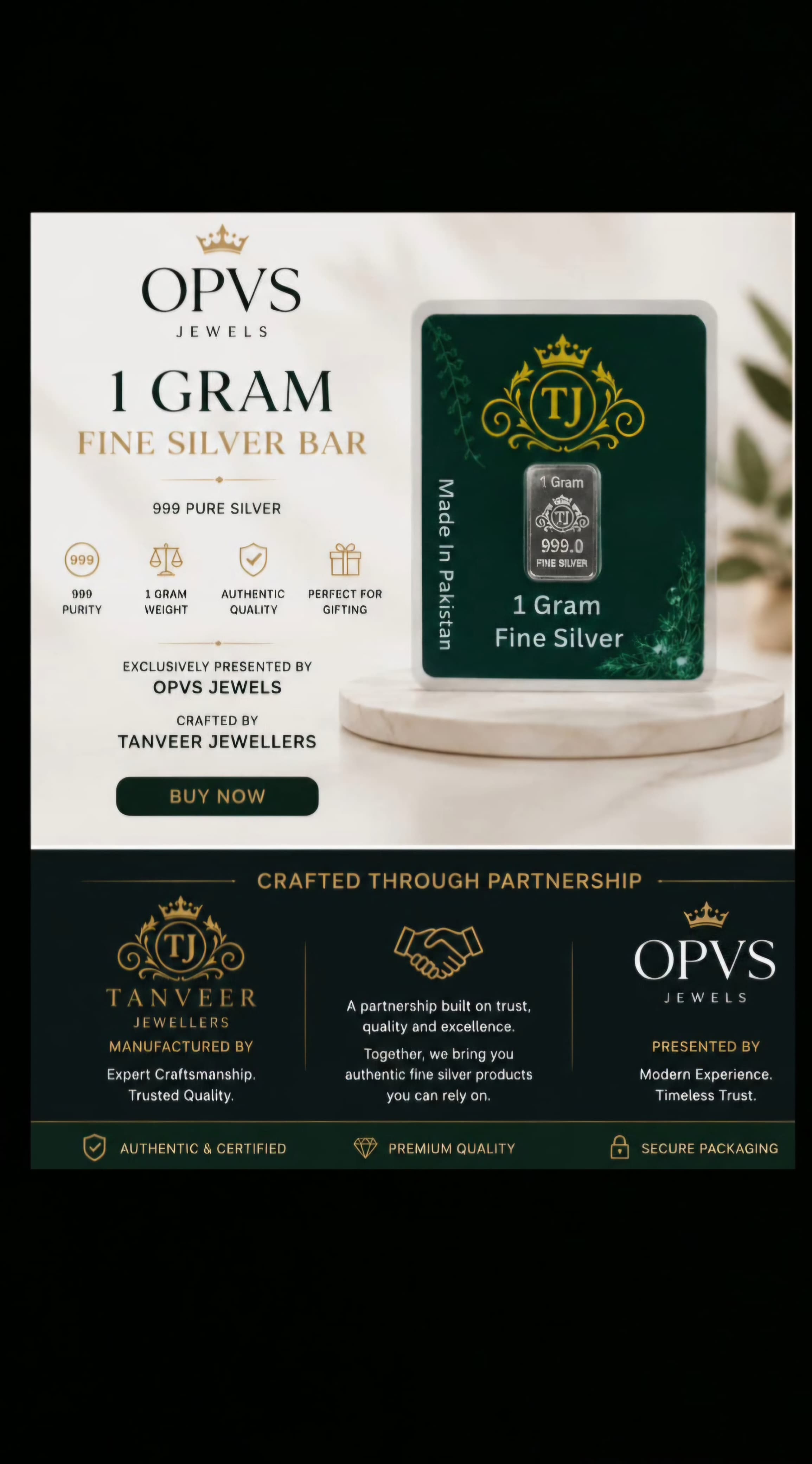 1 Gram 999 Fine Silver Bar – OPVS Jewels × Tanveer Jewellers. Exclusively Presented by OPVS Jewels Crafted by Tanveer Jewellers